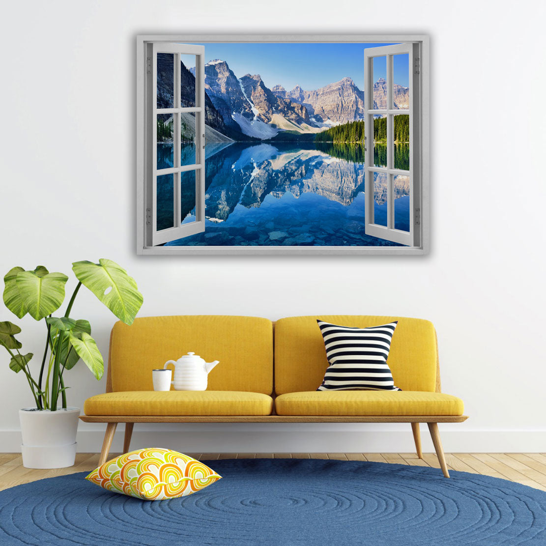 Wandbild Kunstwerk Alpenpanorama mit Fensterblick auf Bergsee