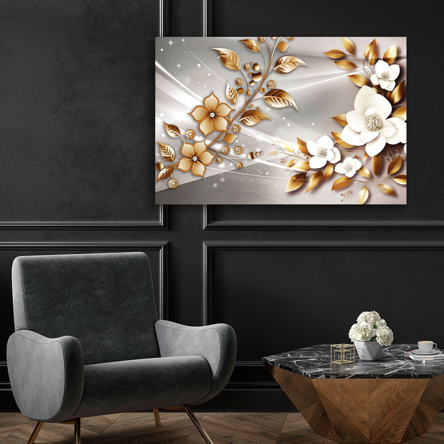 Wandbild Kunstwerk Blumen Gold Style