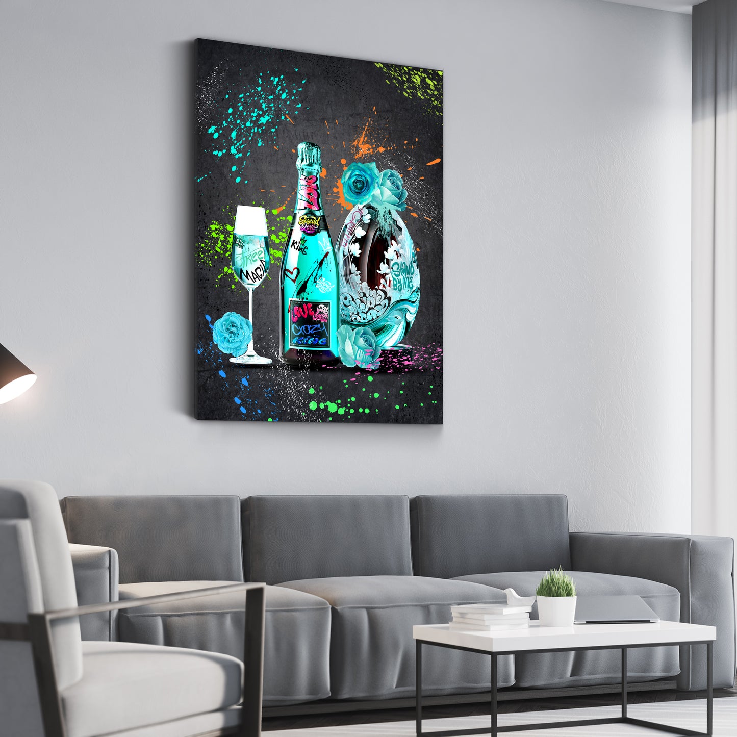 Wandbild Kunstwerk Champagner und Street Art Stil mit urbanen Farben