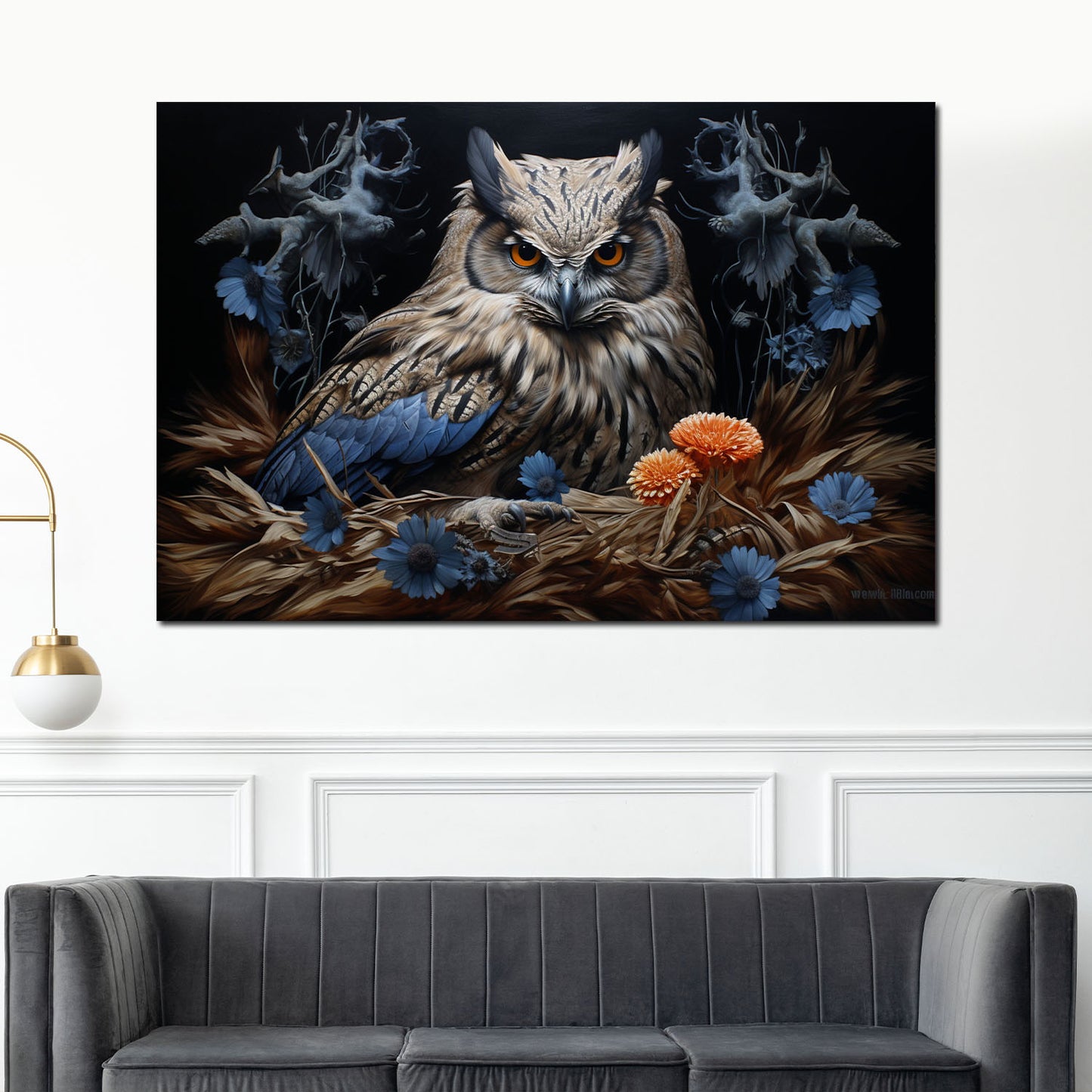 Wandbild Kunstwerk Eule im Nest Blue Style