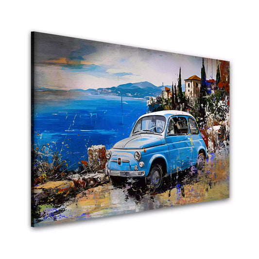 Wandbild Kunstwerk Fiat Oldtimer mit mediterranem Flair und Küstenblick