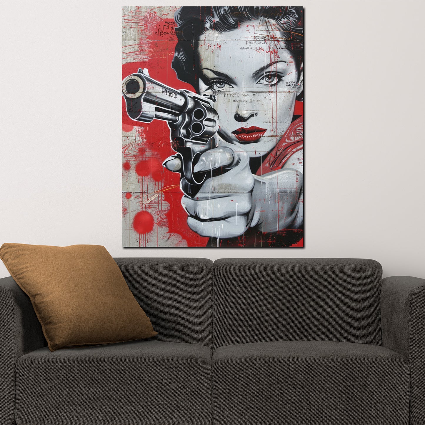 Wandbild Kunstwerk Frau Beautiful Girl Gun Red Style