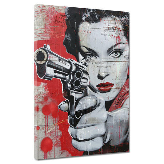 Wandbild Kunstwerk Frau Beautiful Girl Gun Red Style