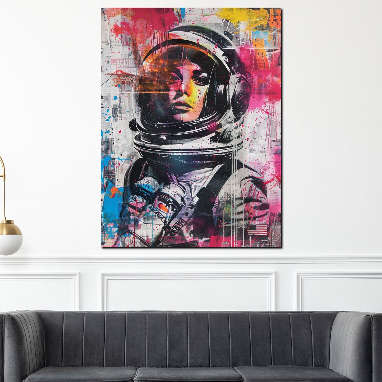 Wandbild Kunstwerk Frau im Astronautenanzug farbenfroh