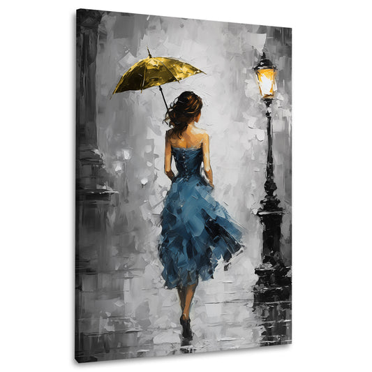 Wandbild Kunstwerk Frau im blauen Kleid mit Regenschirm Painting Style