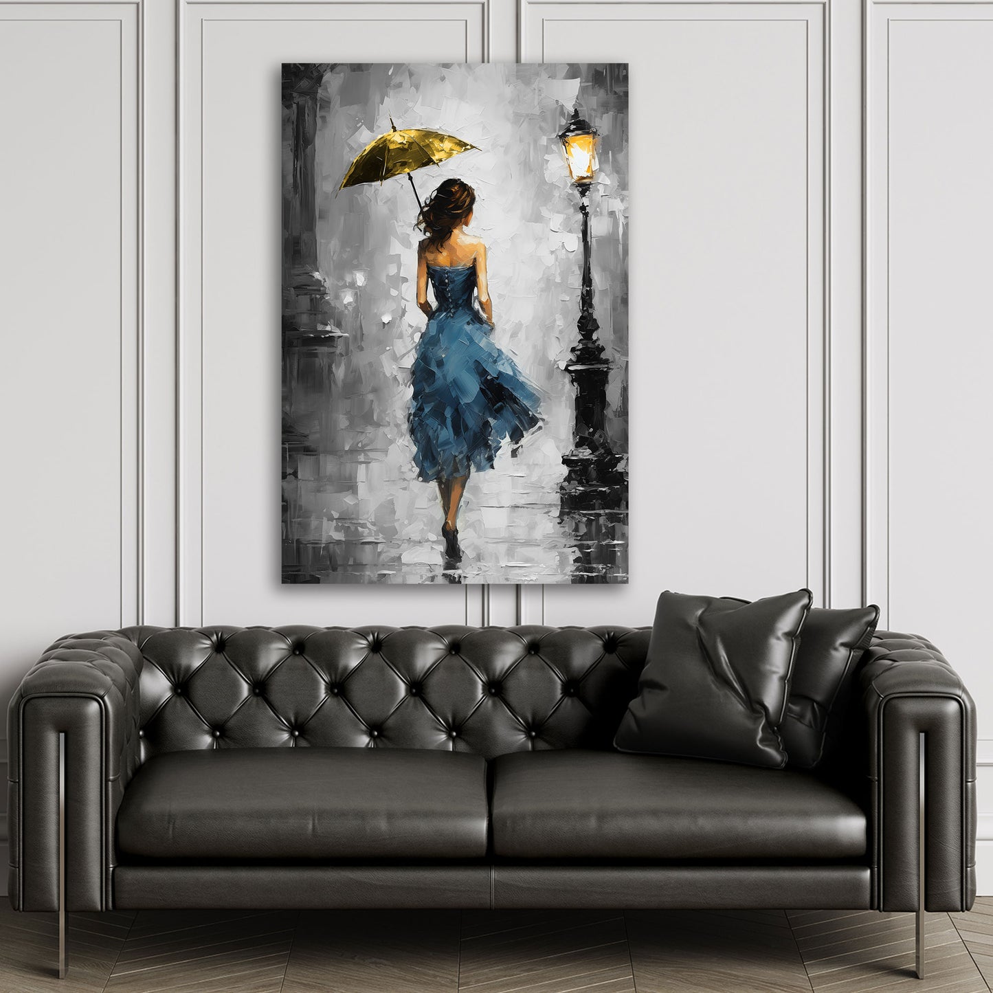 Wandbild Kunstwerk Frau im blauen Kleid mit Regenschirm Painting Style