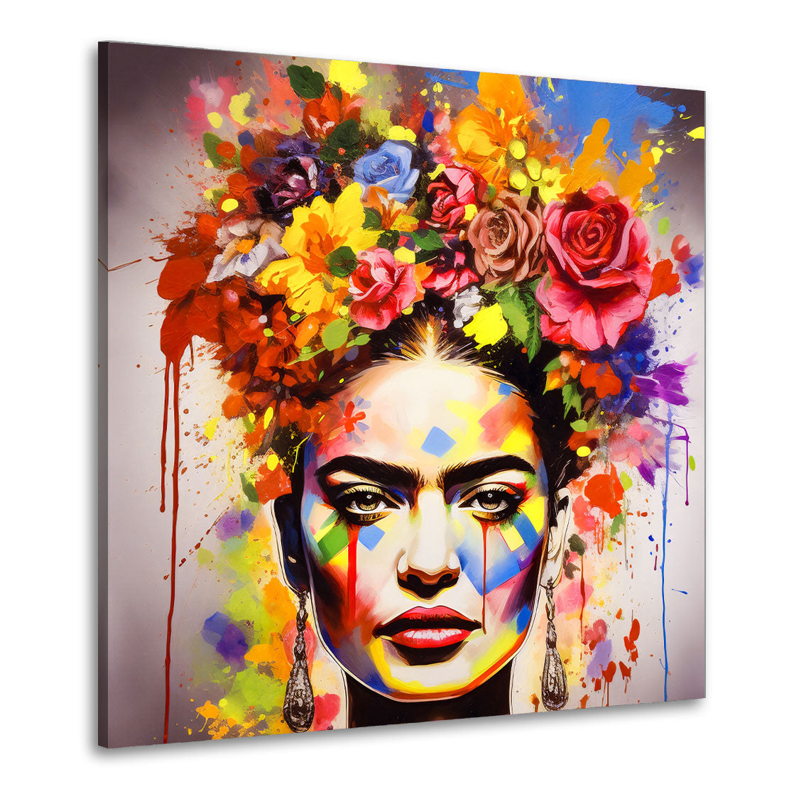 Wandbild Kunstwerk Frida farbenfrohes Portrait mit Blumen