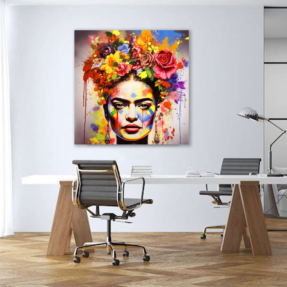 Wandbild Kunstwerk Frida farbenfrohes Portrait mit Blumen