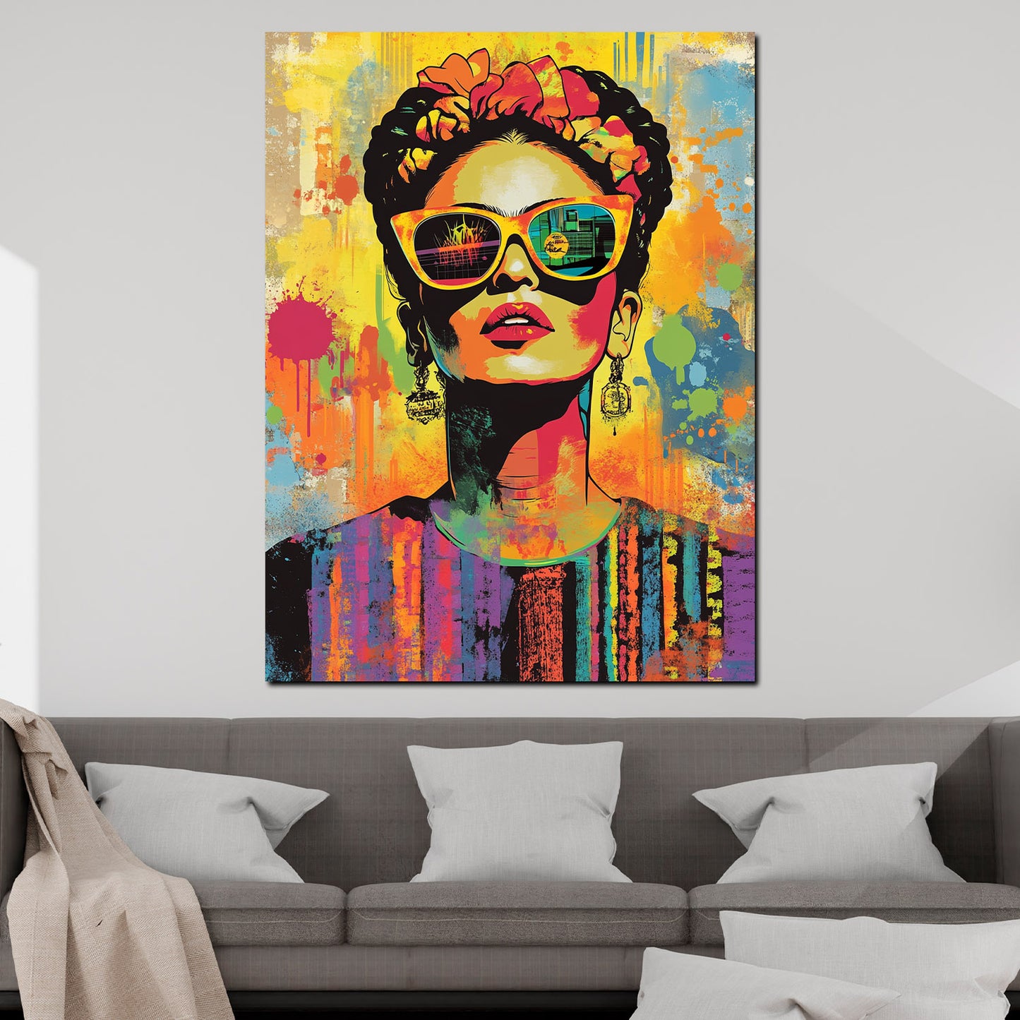 Wandbild Kunstwerk Frida im modernen Pop Art Stil mit leuchtenden Farben und Brille