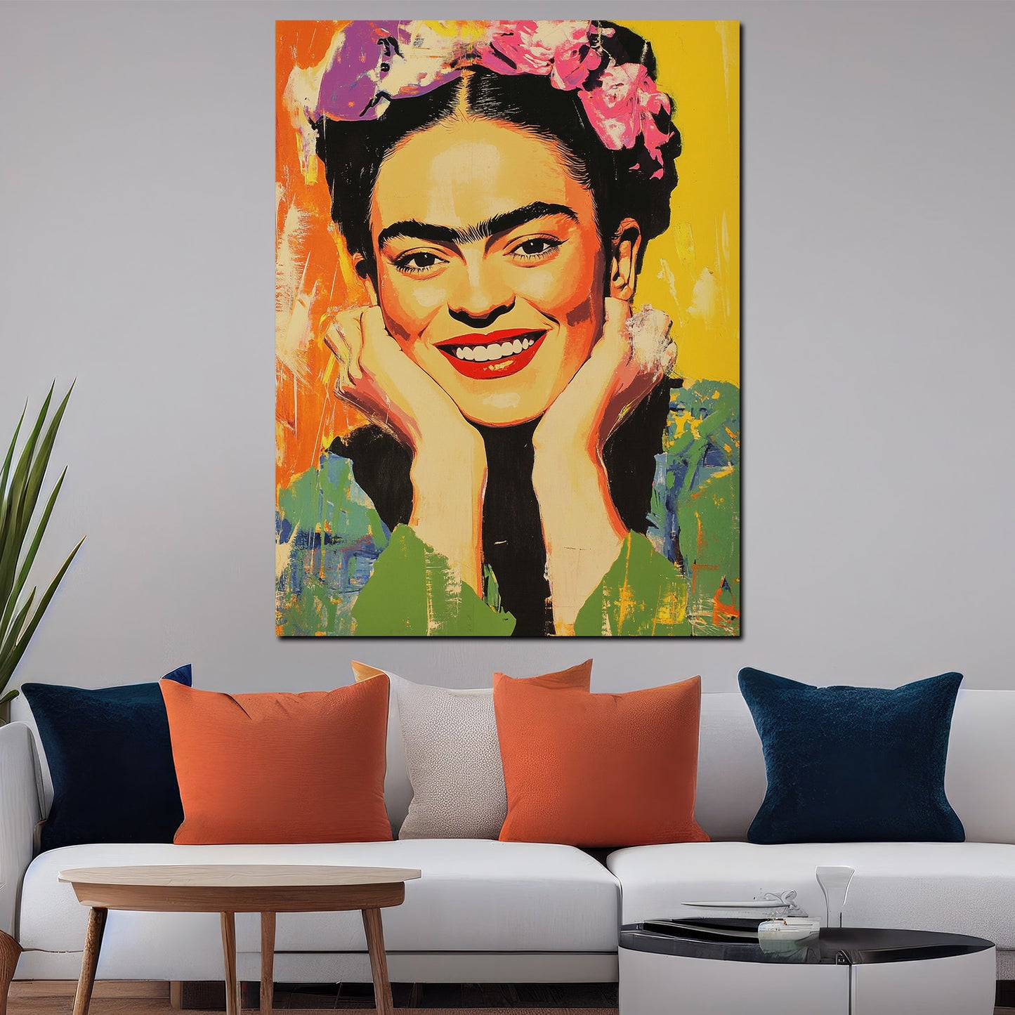 Wandbild Kunstwerk Frida lächelnd in lebendiger Pop Art mit Blumenschmuck