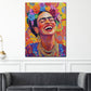 Wandbild Kunstwerk Frida lächelnd in lebendiger Pop Art mit Blumenschmuck