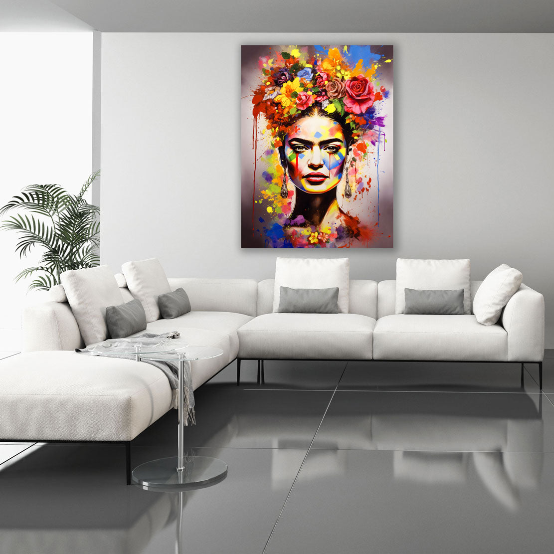 Wandbild Kunstwerk Frida mit Blumen und Farben im Pop Art Stil