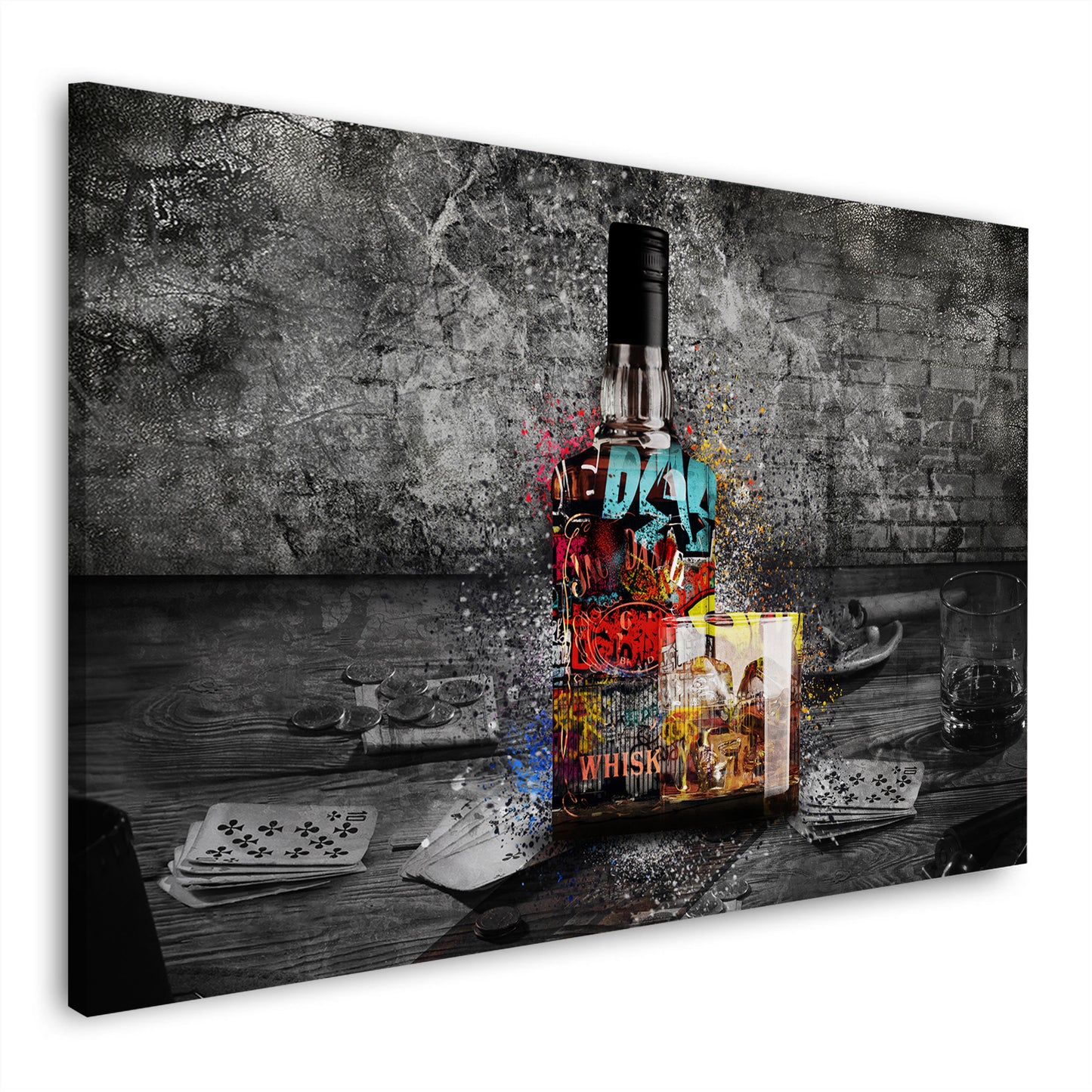 Wandbild Kunstwerk Graffiti Pop Art mit Whiskyflasche Pokerkarten und Münzen