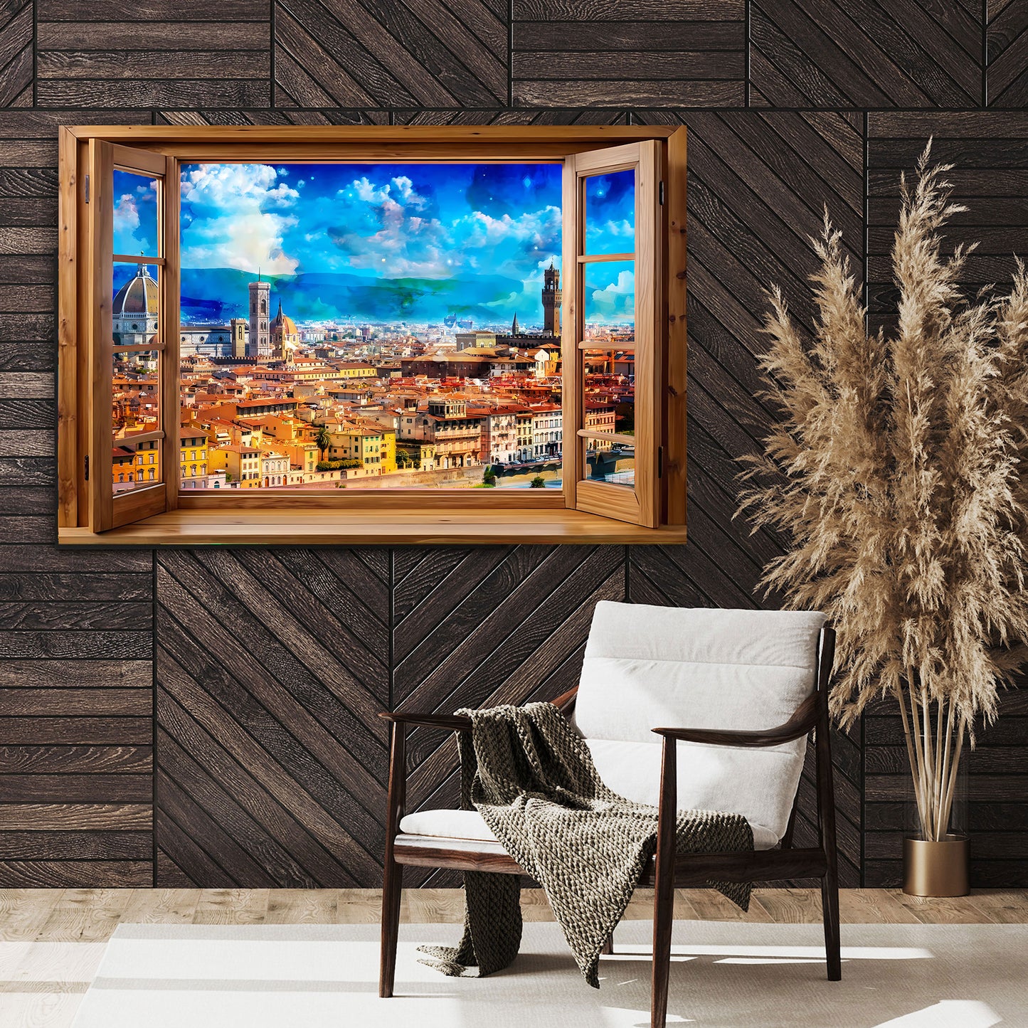 Wandbild Kunstwerk Italien Florenz durch Fenster mit Skyline und leuchtenden Farben