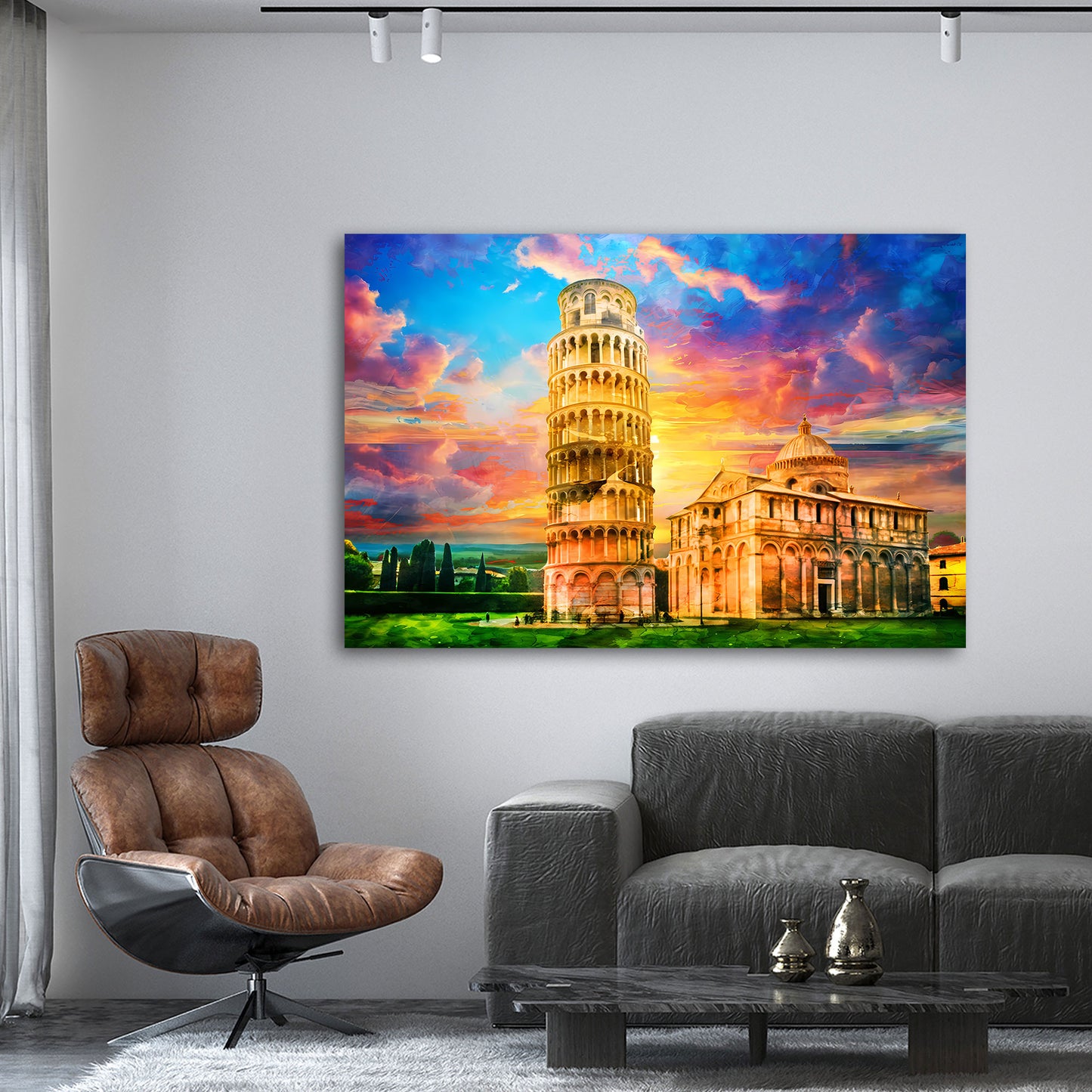 Wandbild Kunstwerk Italien Pisa mit schiefem Turm bei Sonnenuntergang