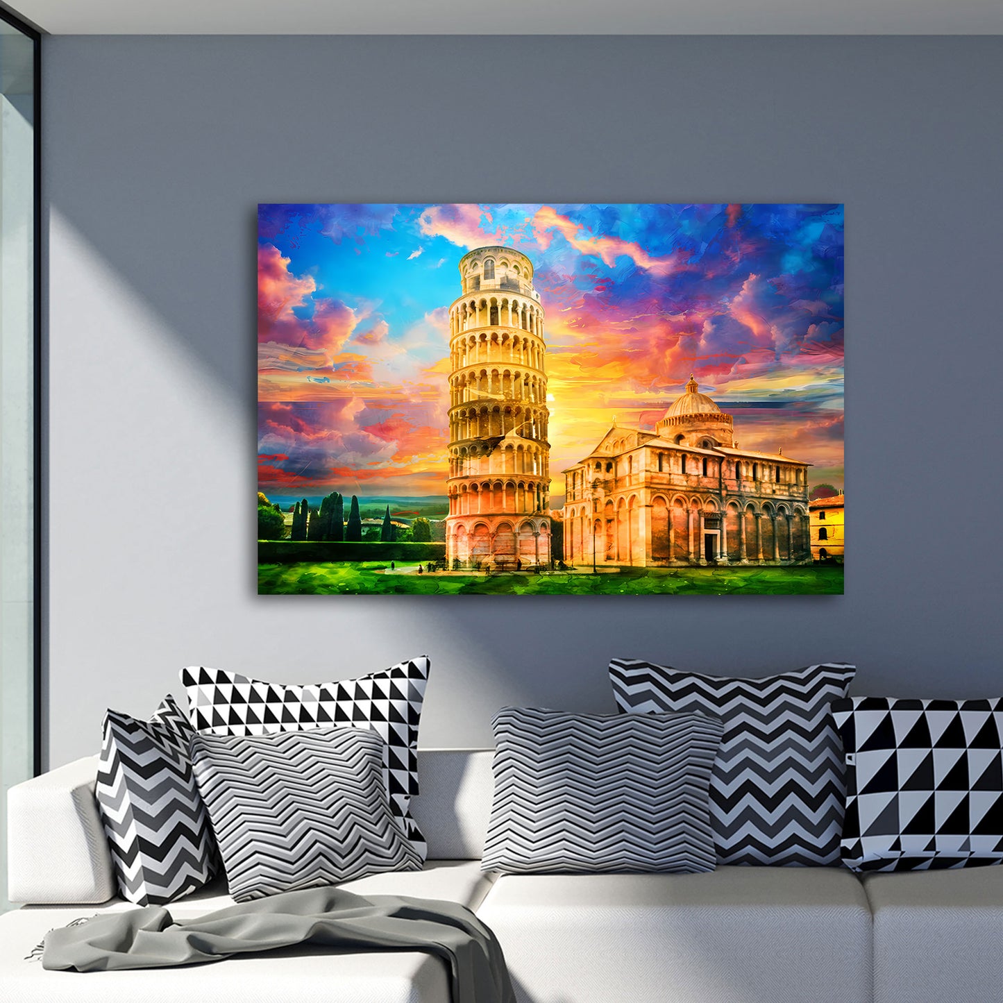 Wandbild Kunstwerk Italien Pisa mit schiefem Turm bei Sonnenuntergang