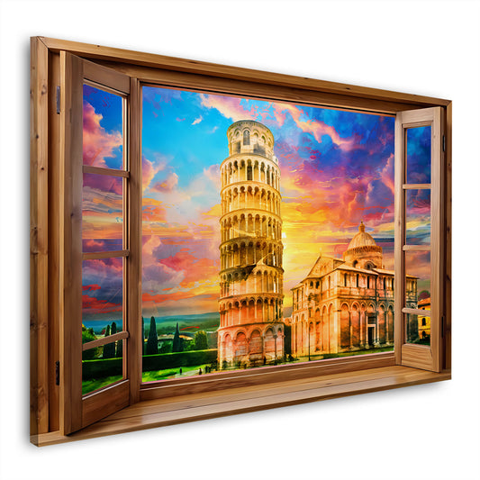 Wandbild Kunstwerk Italien Pisa mit schiefem Turm durch ein offenes Fenster