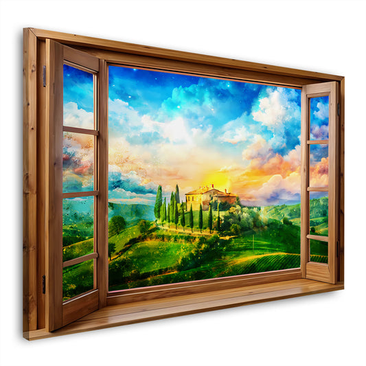 Wandbild Kunstwerk Italien Toskana durch ein Fenster mit malerischer Landschaft