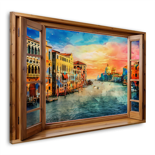 Wandbild Kunstwerk Italien Venedig durch ein Fenster mit farbenprächtigem Panorama