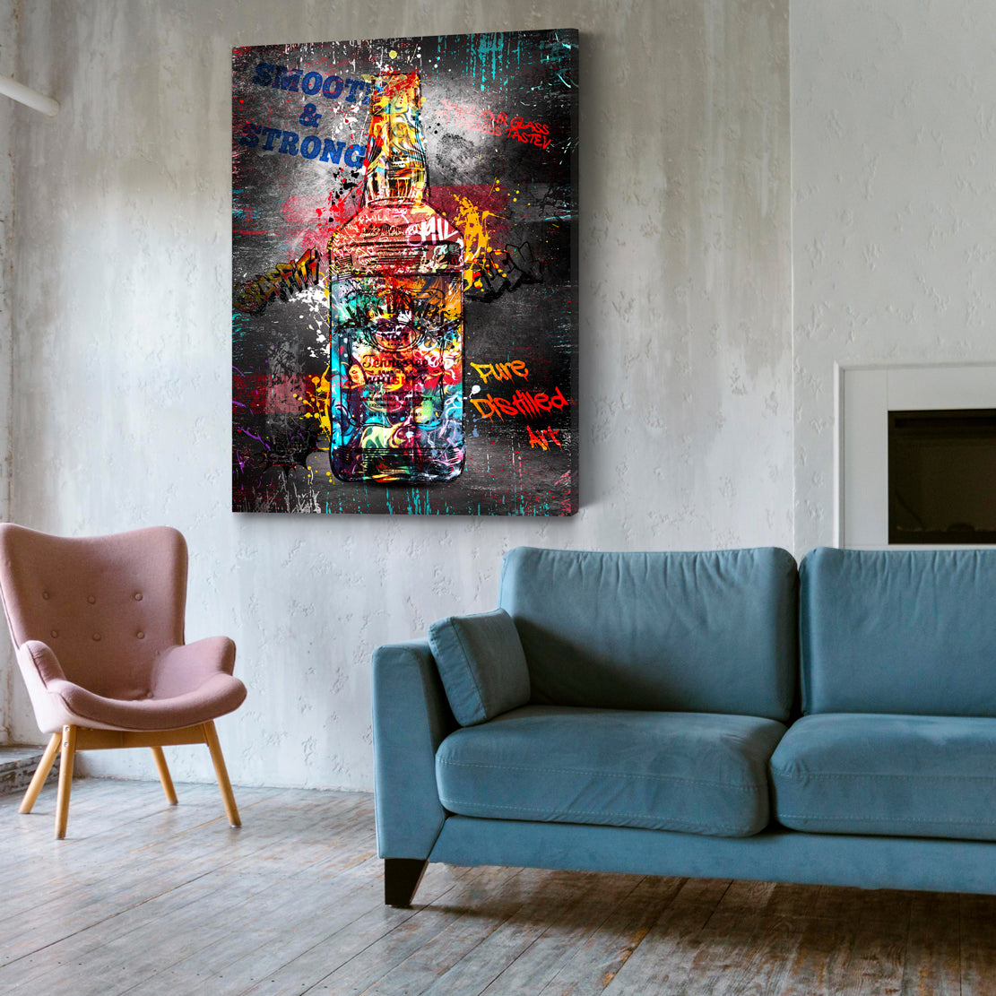 Wandbild Kunstwerk Jack Whiskyflasche Street Art Stil bunte Graffiti Akzente