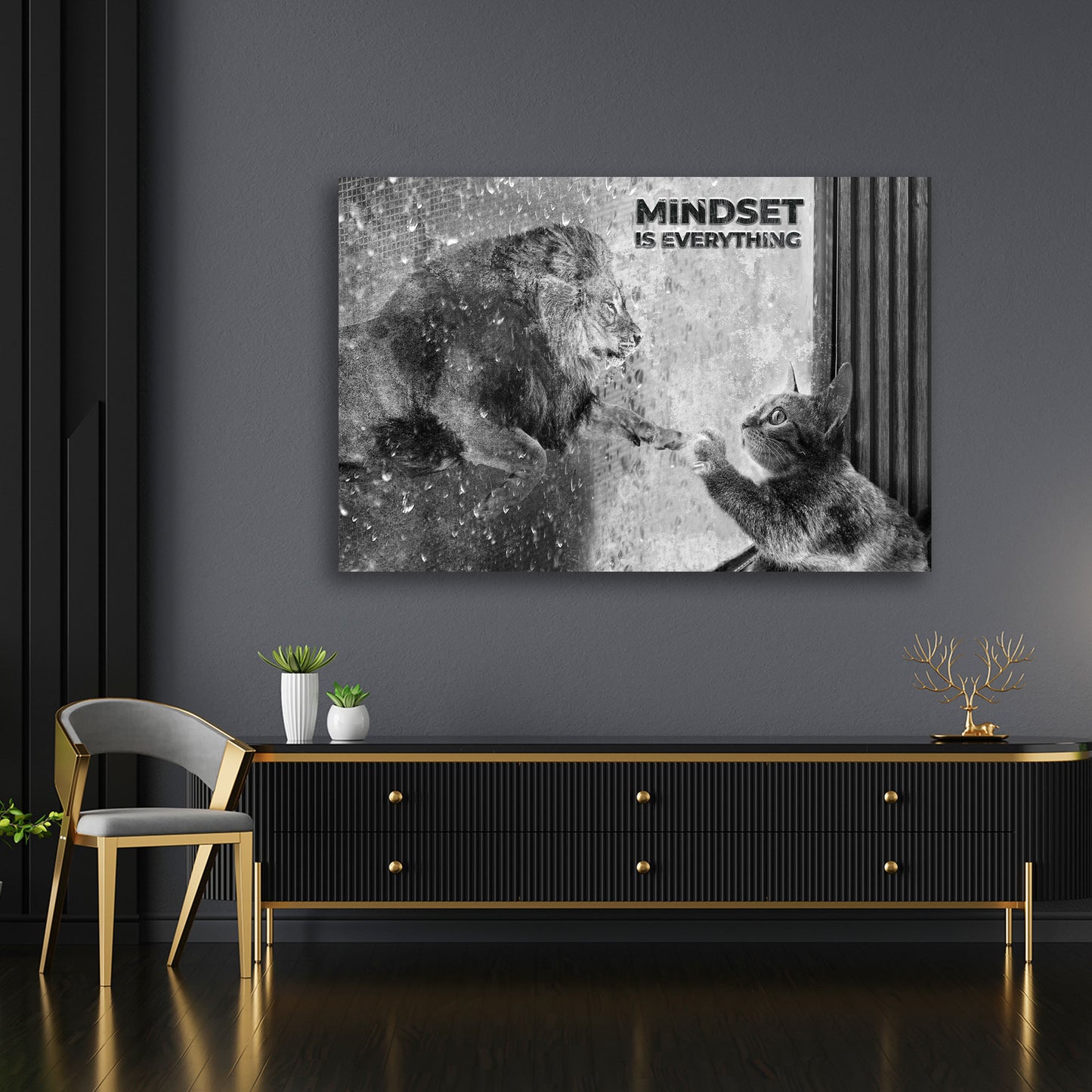 Wandbild Kunstwerk Katze Mindset Motivation schwarz weiß