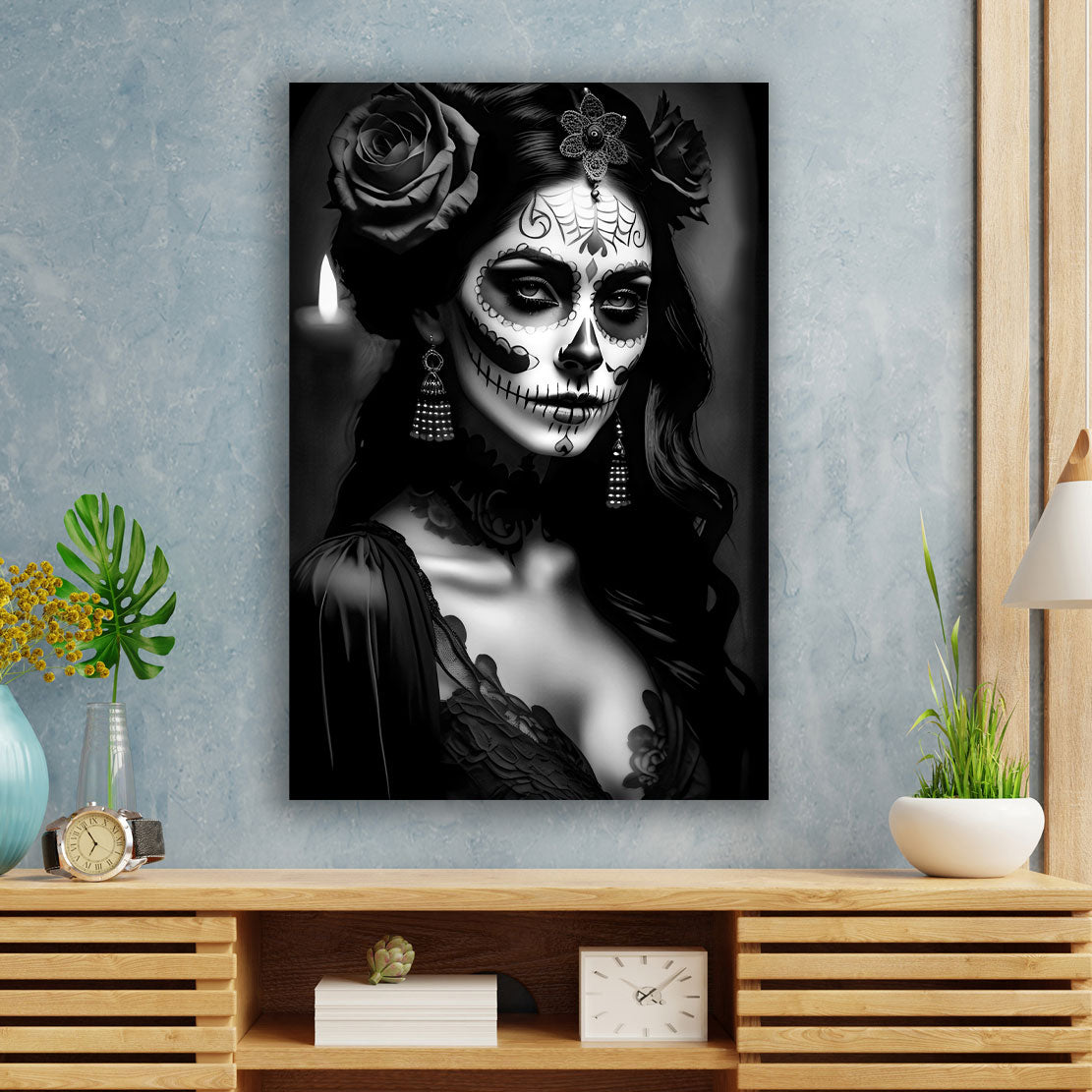 Wandbild Kunstwerk La Calavera Catrina im Spitzenkleid schwarz weiß