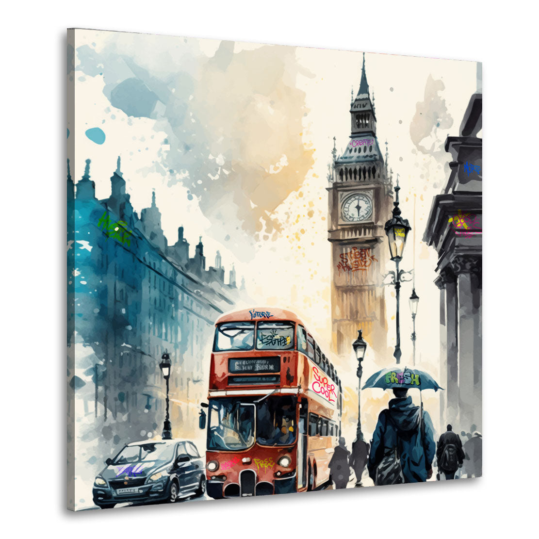 Wandbild Kunstwerk London, Big Ben Bus Watercolour