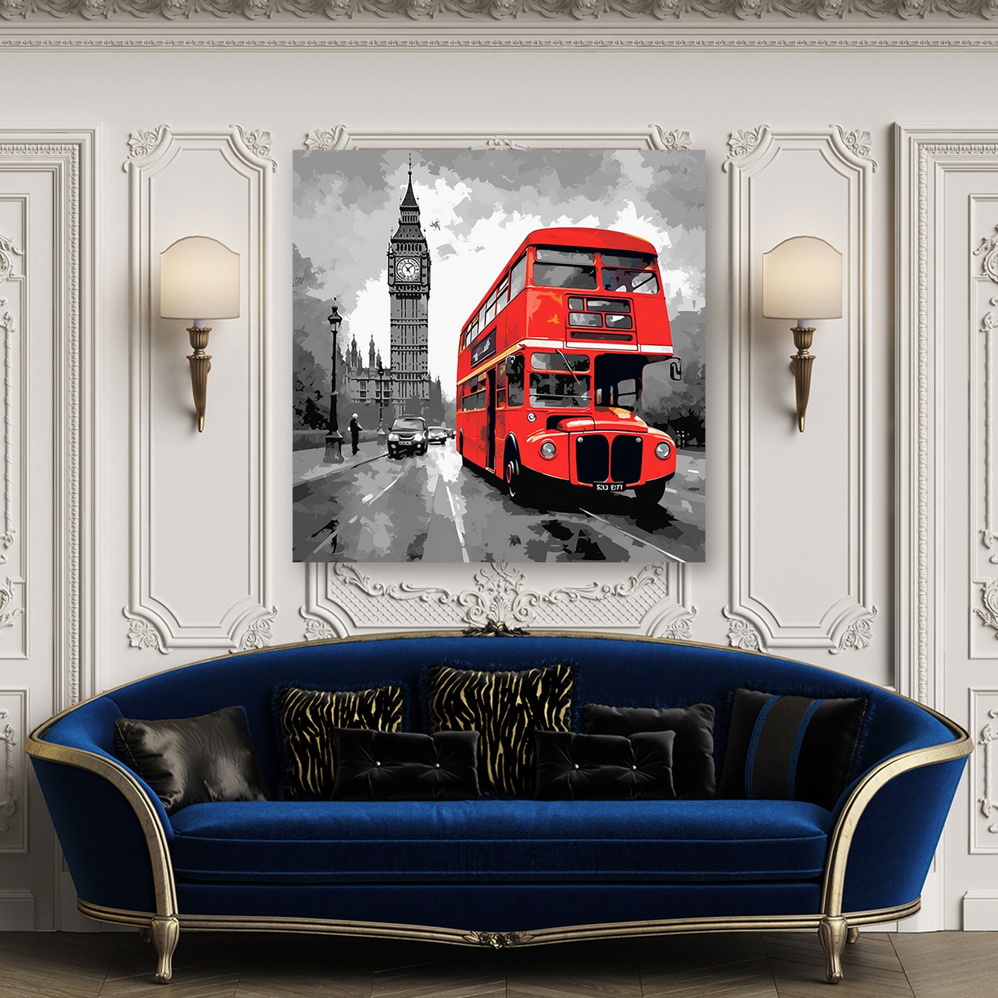 Wandbild Kunstwerk London, Big Ben Schwarz weiß roter Bus