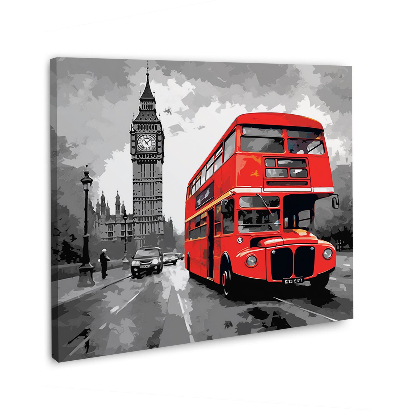 Wandbild Kunstwerk London, Big Ben Schwarz weiß roter Bus