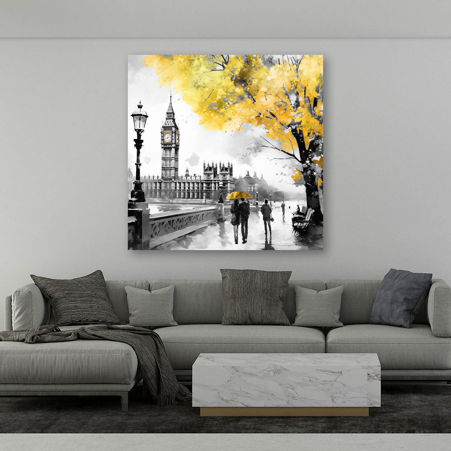 Wandbild Kunstwerk London, Big Ben schwarz weiß, goldener Baum