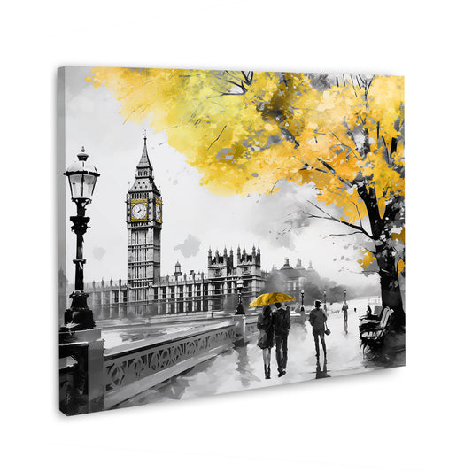 Wandbild Kunstwerk London, Big Ben schwarz weiß, goldener Baum