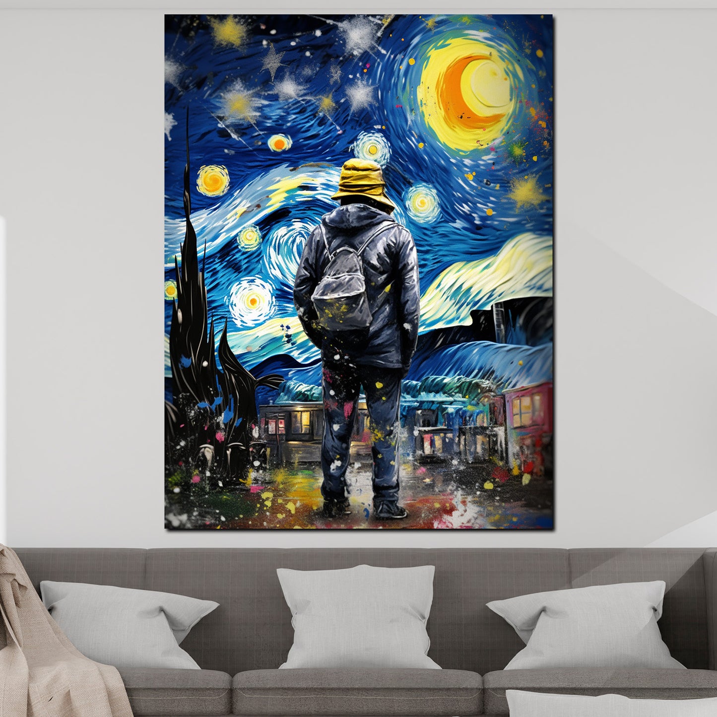 Wandbild Kunstwerk Mann im Mondschein Sterne Painting Style