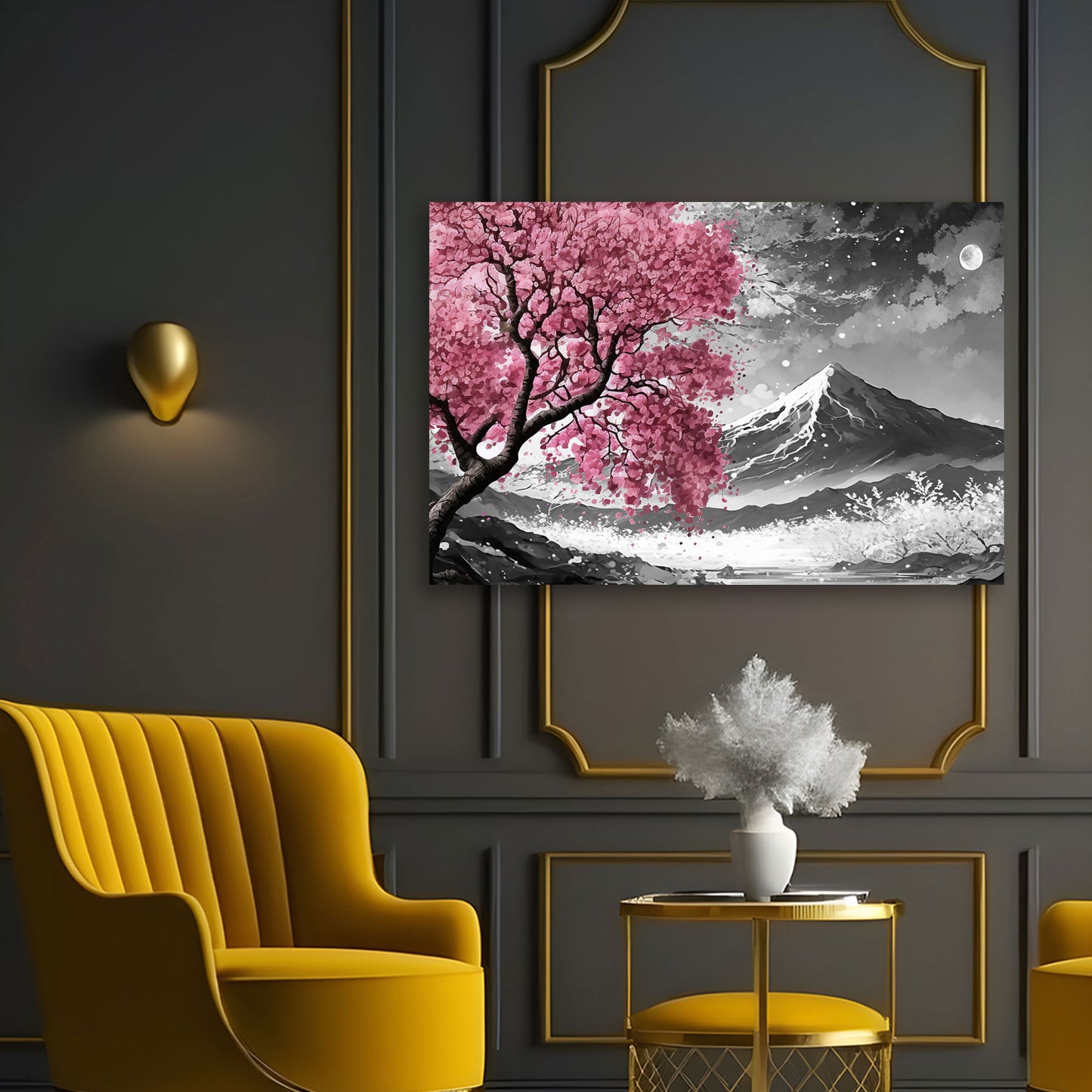 Wandbild Kunstwerk Pinker Baum in schwarz weiß Landschaft