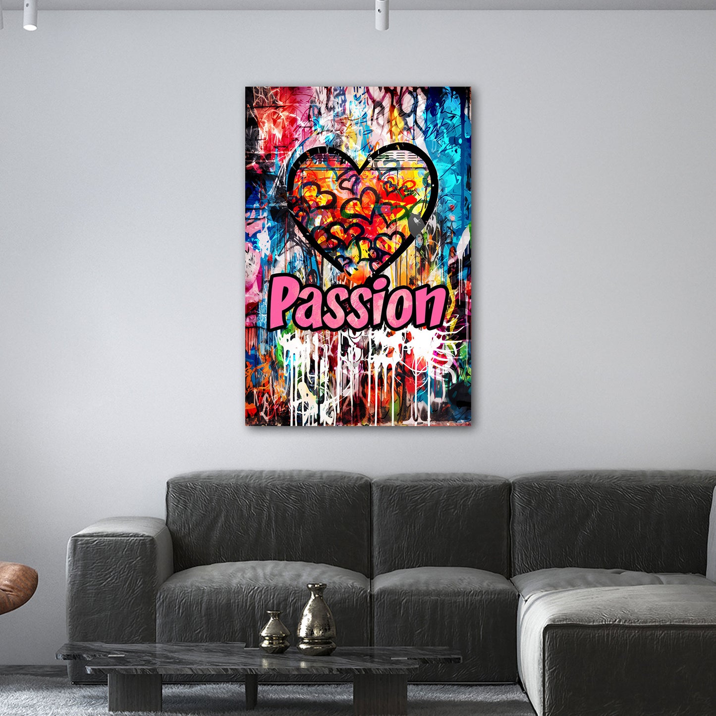 Wandbild Kunstwerk Pop Art Herz und Passion Schriftzug