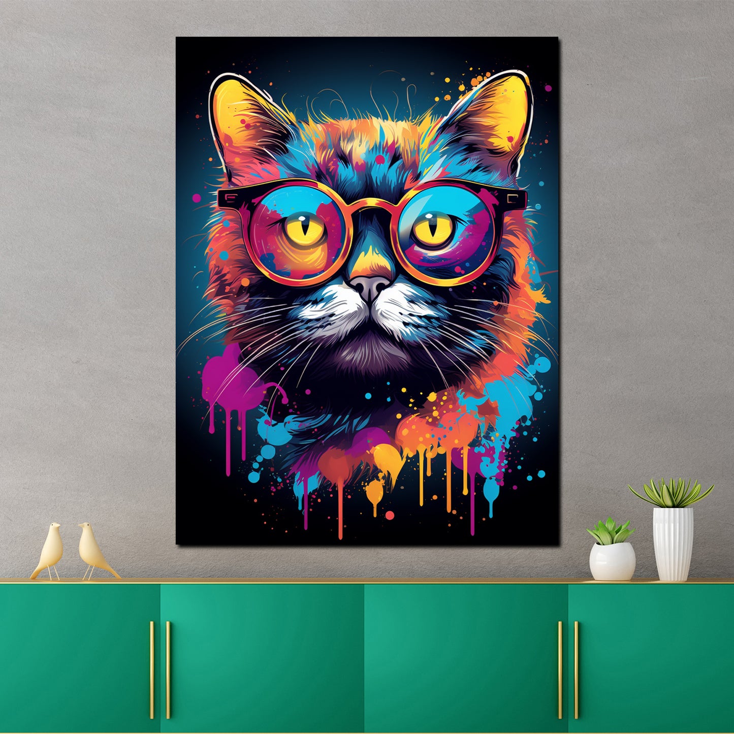 Wandbild Kunstwerk Pop Art Katze mit Brille Colour Splash