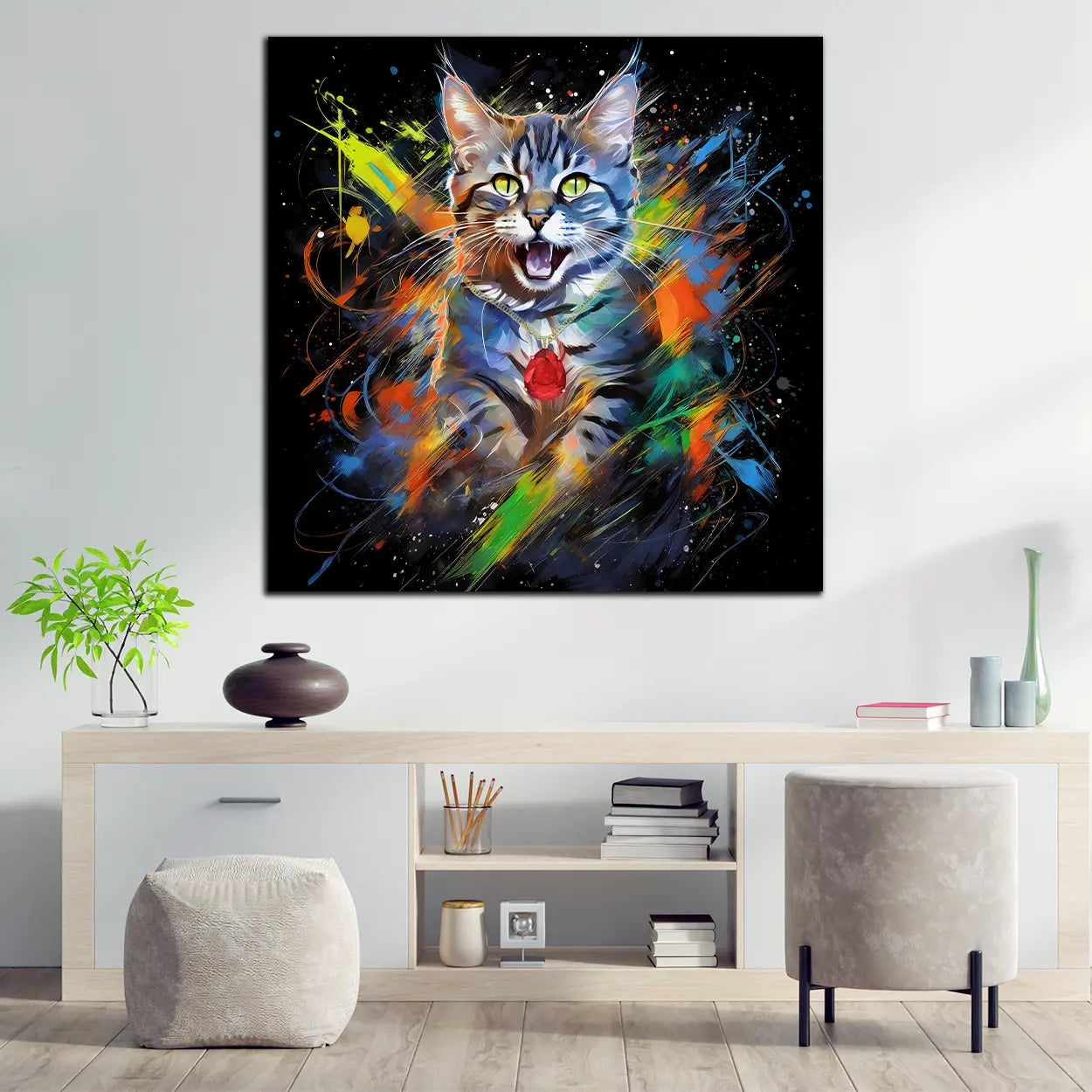 Wandbild Kunstwerk Pop Art Splash Katze farbig