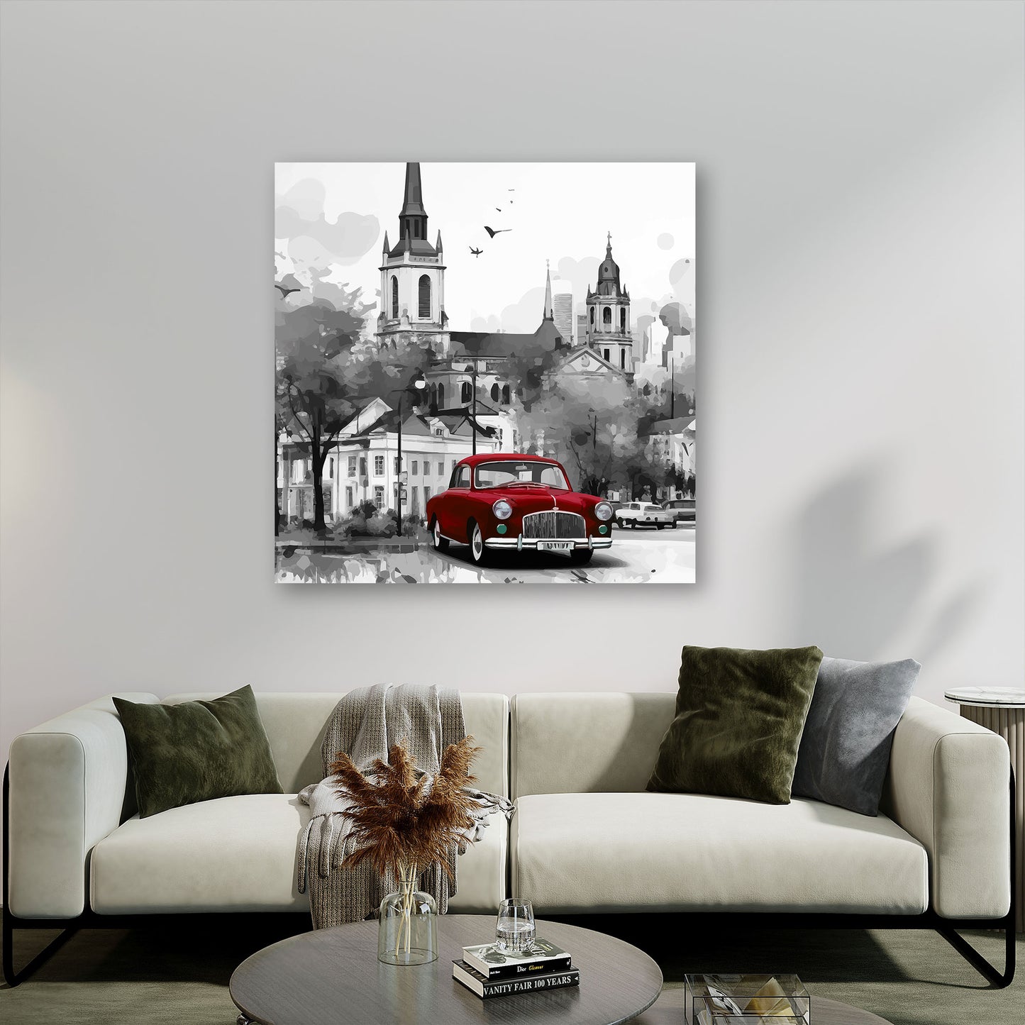 Wandbild Kunstwerk Rotes Auto Oldtimer schwarz weiß Stadt