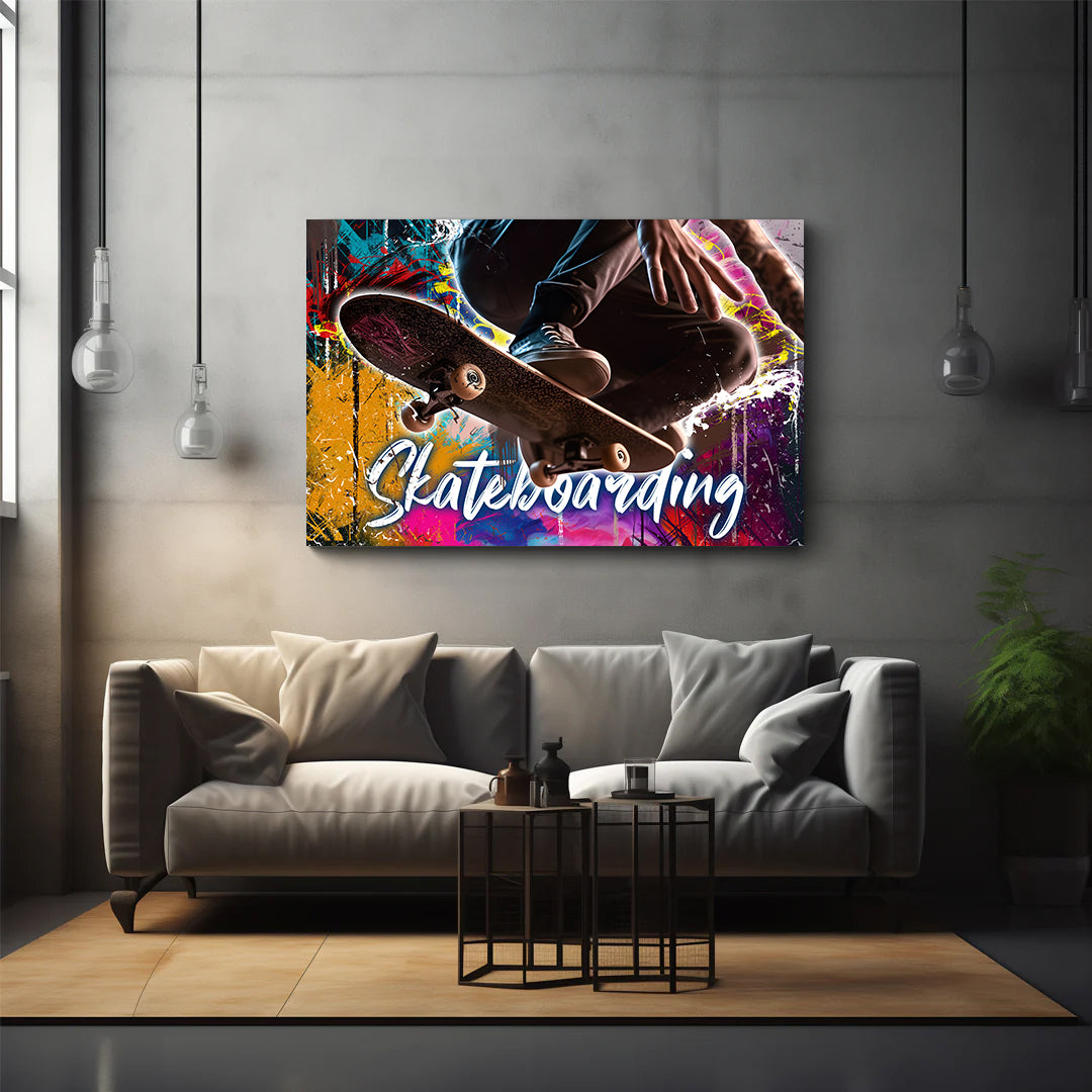 Wandbild Kunstwerk Skateboarding mit farbenfrohem Graffiti Style