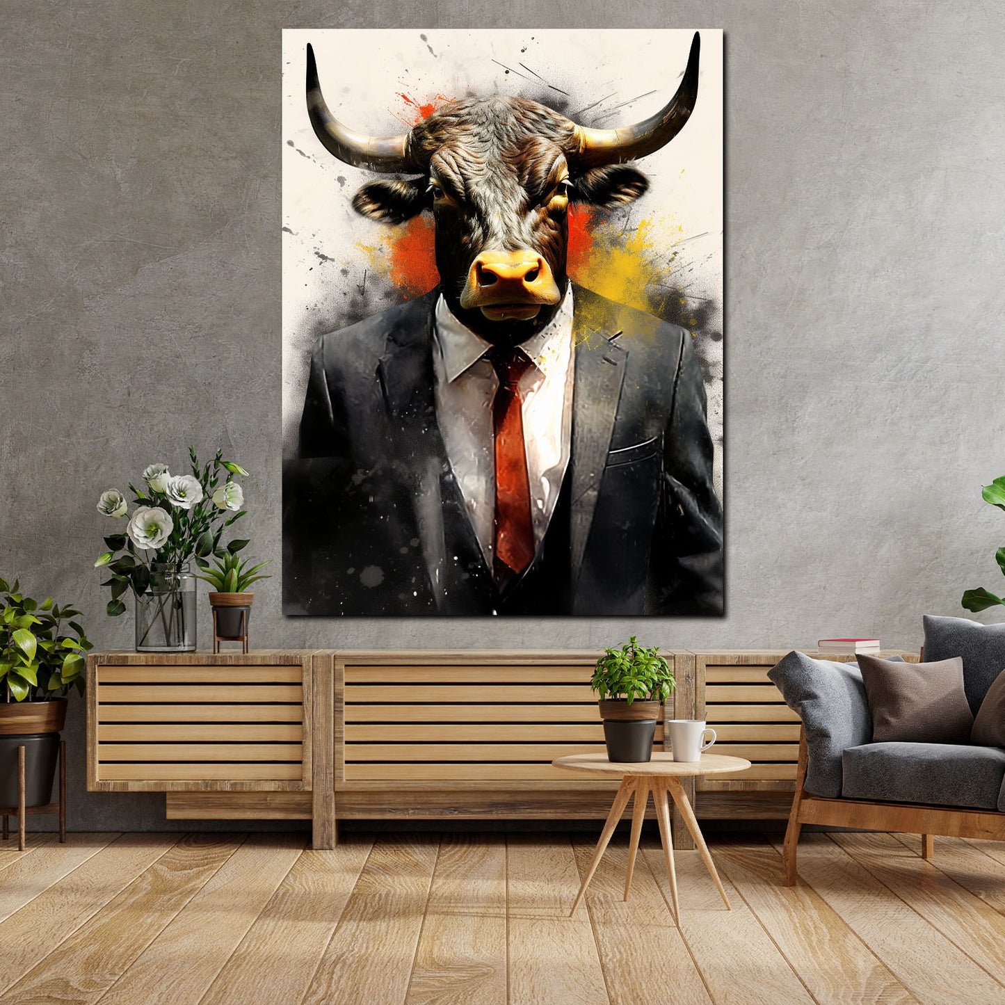 Wandbild Kunstwerk Stier im Anzug abstrakt Pop Art