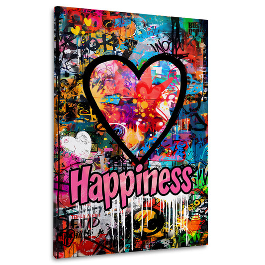 Wandbild Kunstwerk Street Art Herz und Happiness Motiv in lebhaften Farben