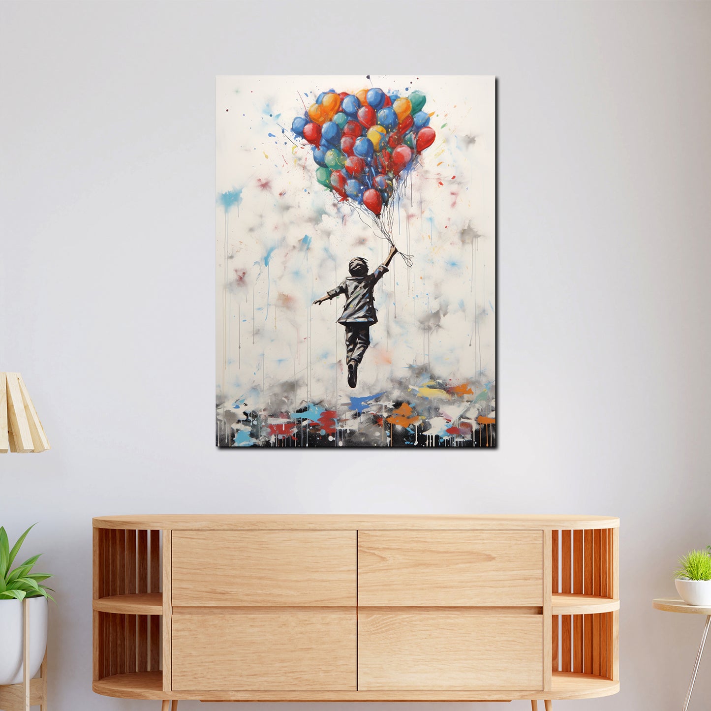 Wandbild Kunstwerk Street Art Junge abstrakt mit Luftballons