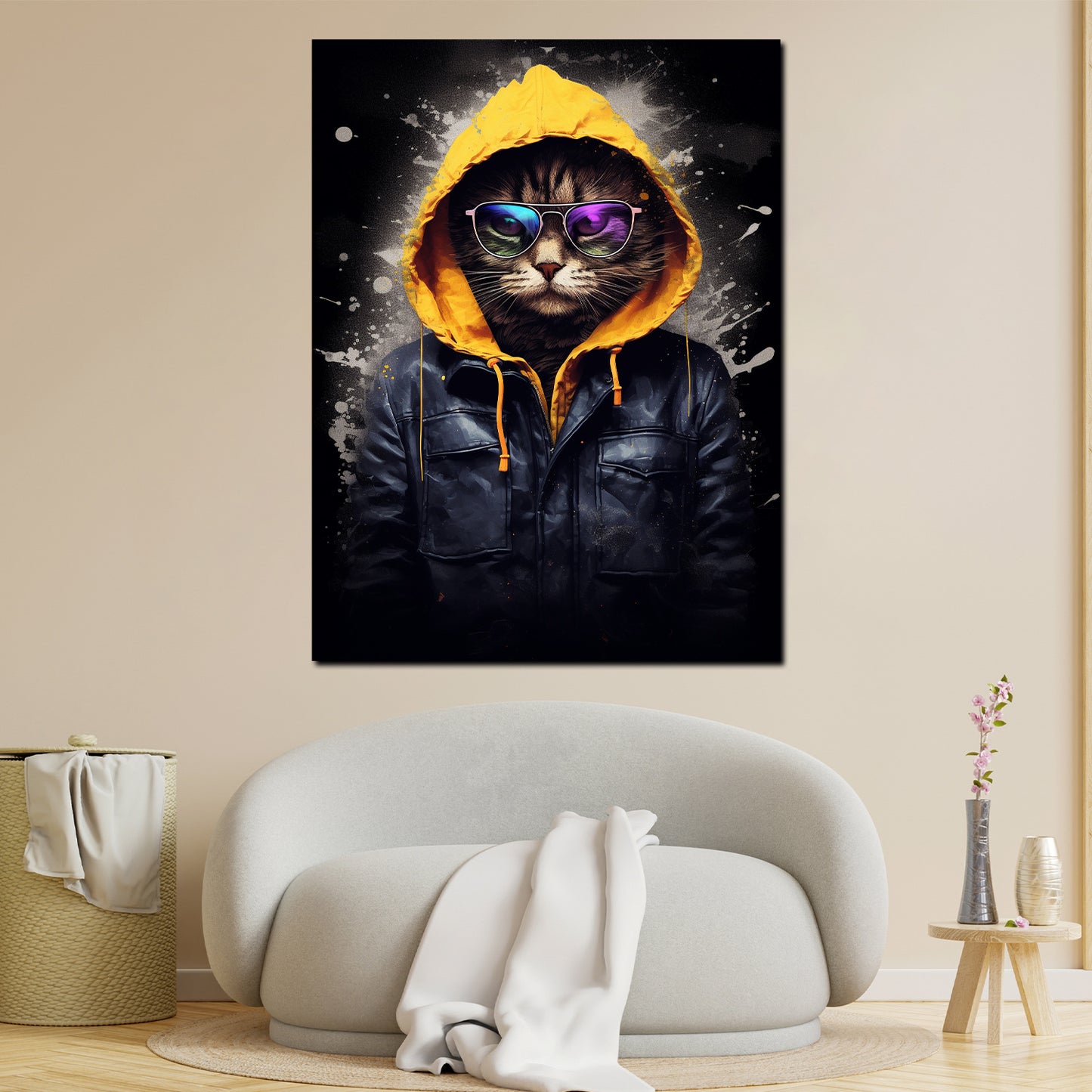 Wandbild Kunstwerk Street Art Katze im Hoodie und Sonnenbrille