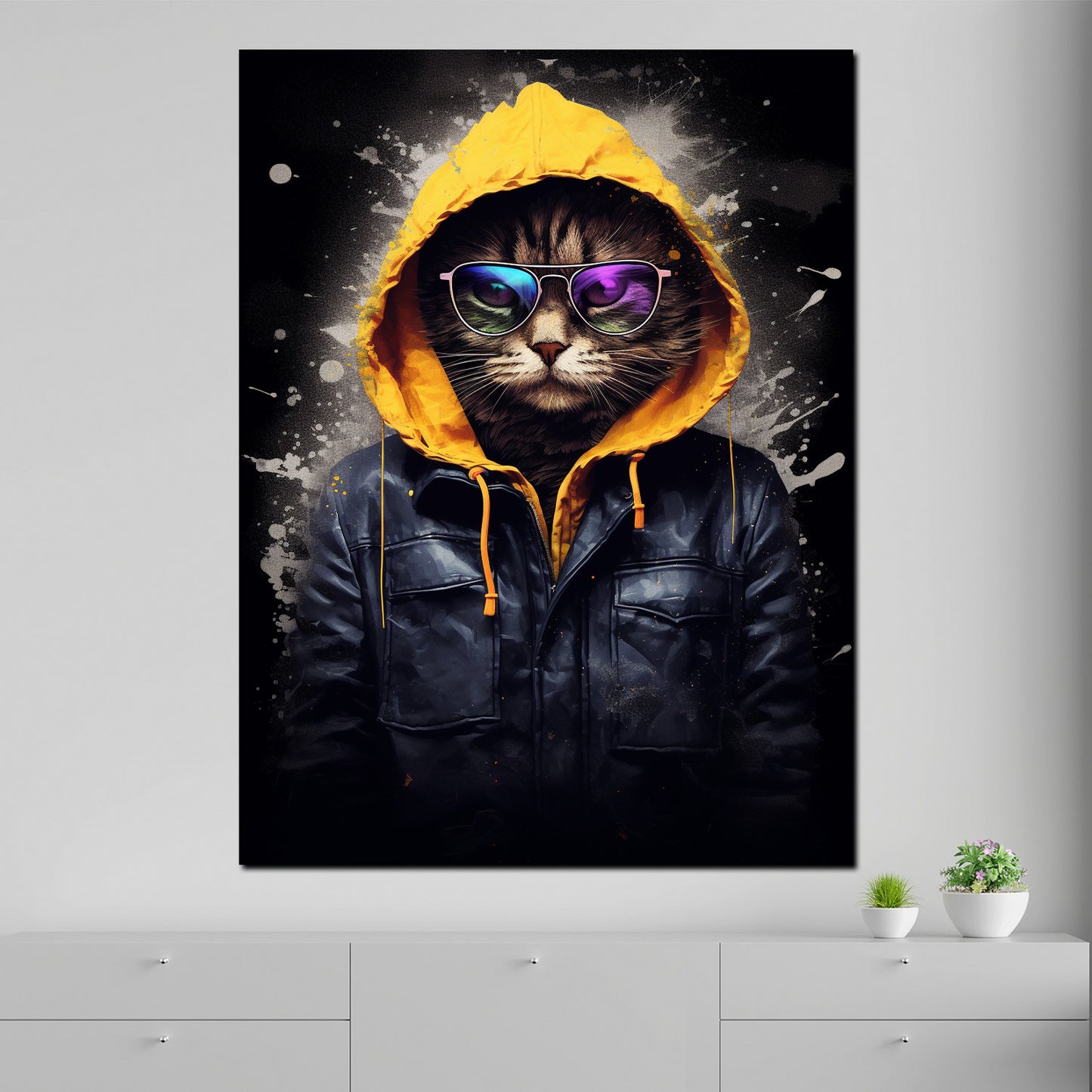 Wandbild Kunstwerk Street Art Katze im Hoodie und Sonnenbrille