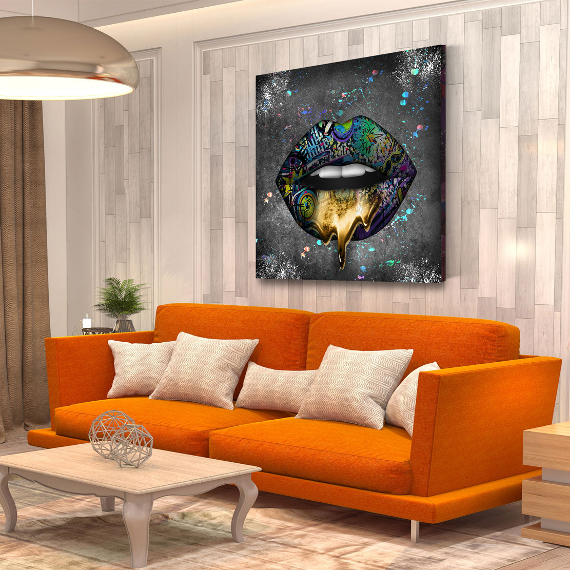 Wandbild Kunstwerk Street Art Lippen Gold Tropfen