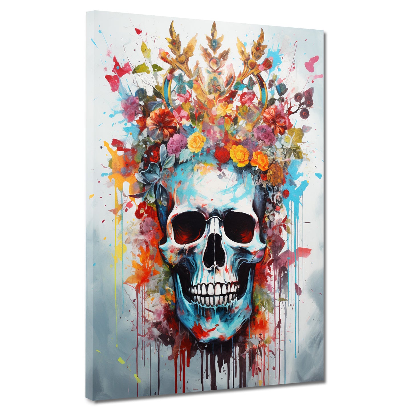 Wandbild Kunstwerk Street Art Totenkopf mit Blumenkrone