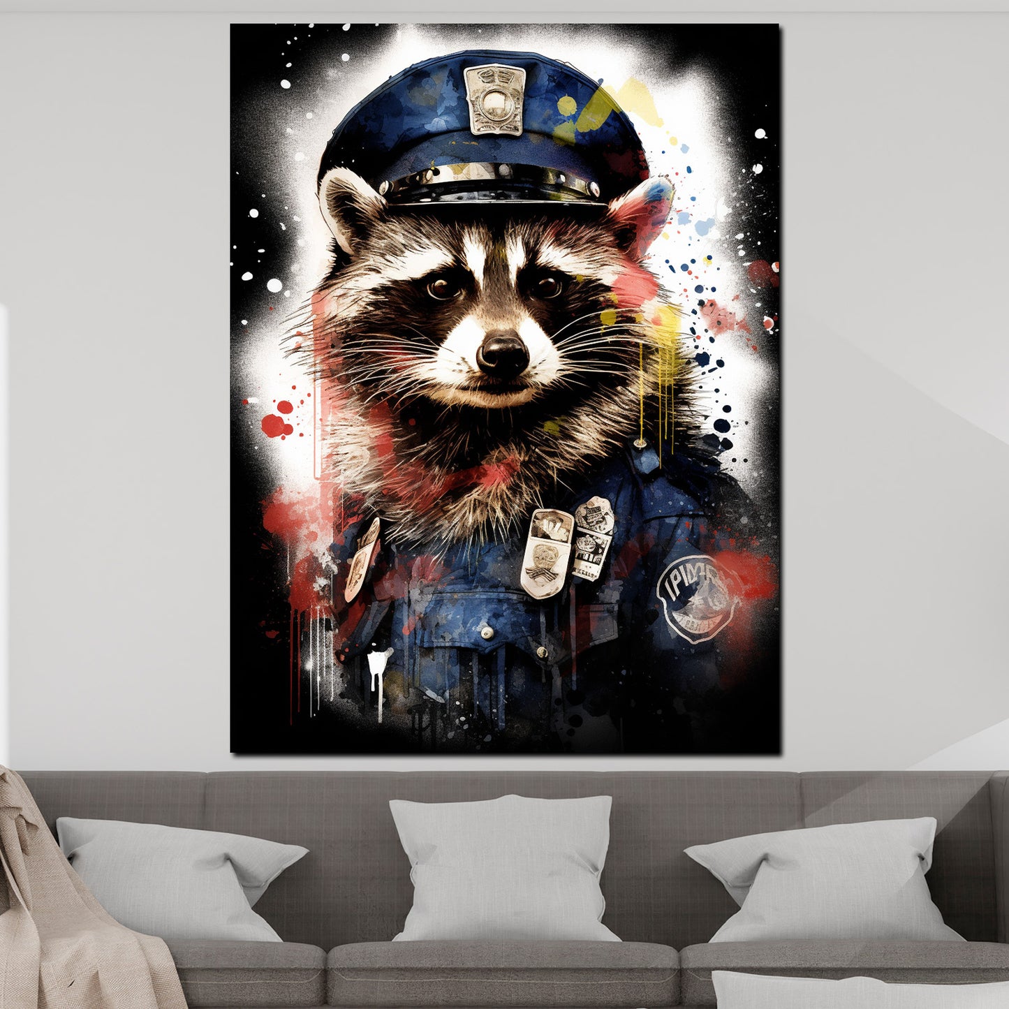 Wandbild Kunstwerk Street Art Waschbär in Polizeiuniform