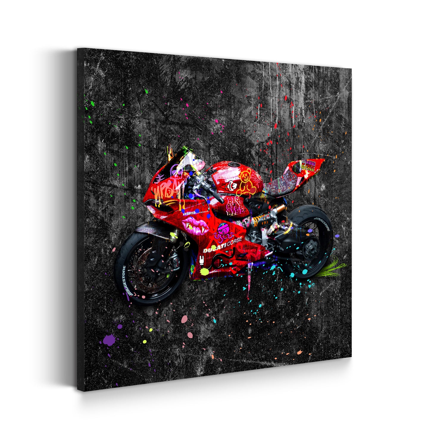 Wandbild Kunstwerk Street Art rotes Motorrad Colour Splash