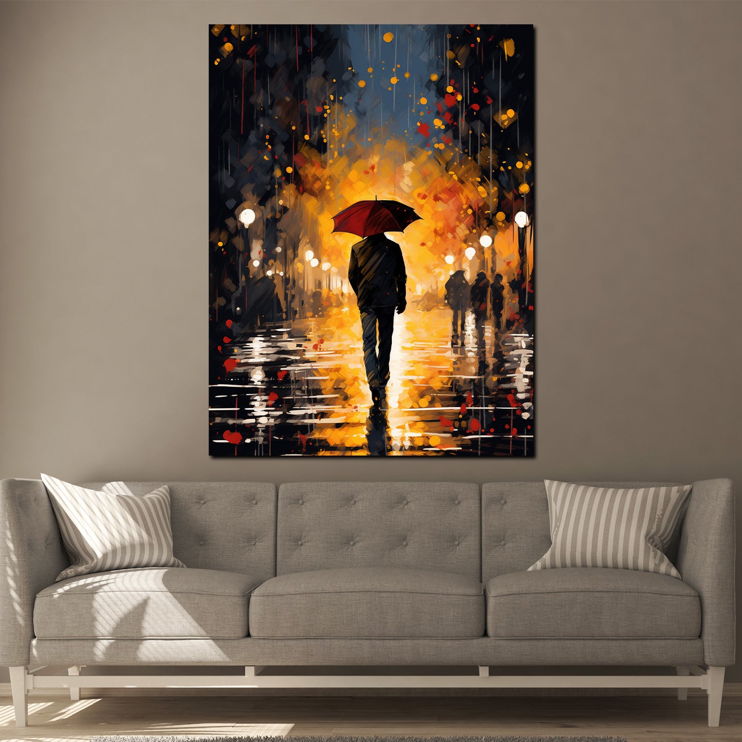 Wandbild Kunstwerk Walking Mann am Abend mit Regenschirm modern