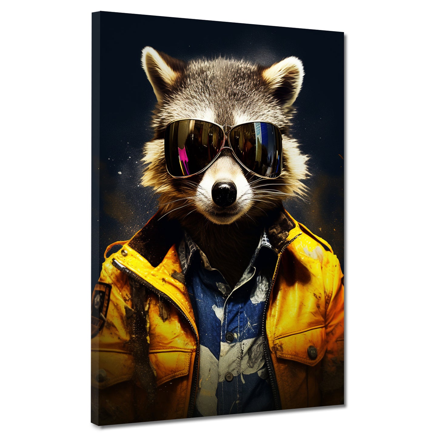 Wandbild Kunstwerk Waschbär mit gelber Jacke und Sonnenbrille