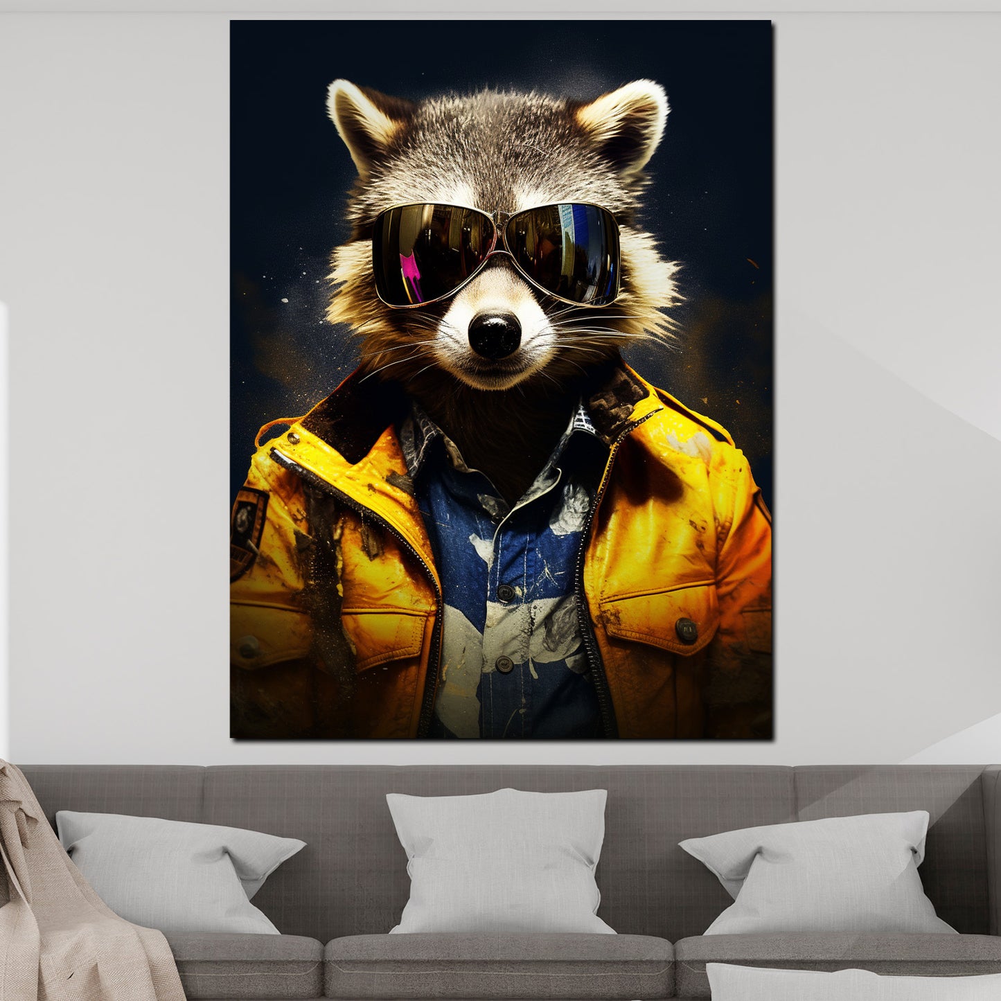 Wandbild Kunstwerk Waschbär mit gelber Jacke und Sonnenbrille